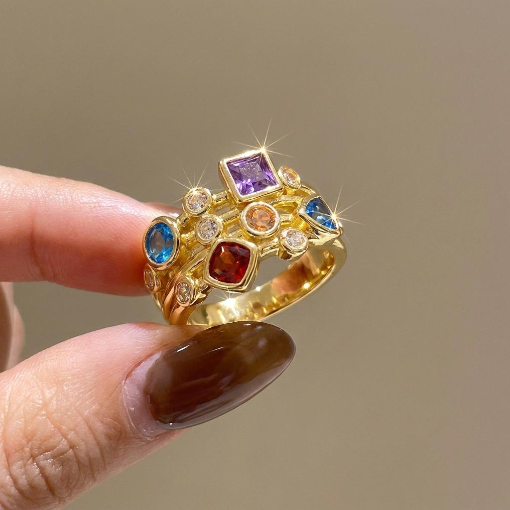 Vintage Geometric Colorful Zircon Rings For Women Luxury Gold Color Copper Knuckle Ring Female Wedding Party Charm Jewelry Gift