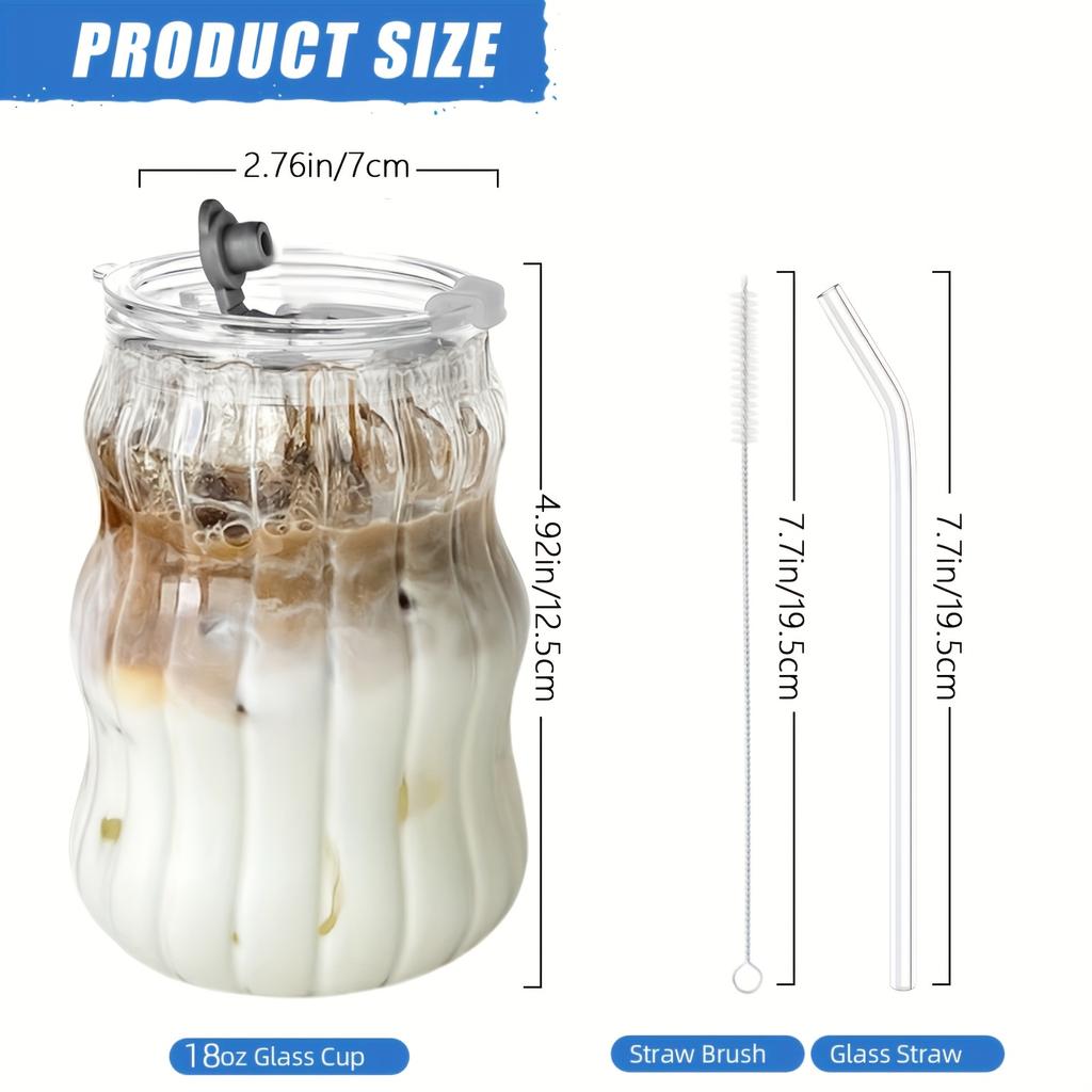2/4 szt. Szklanki z prążkowanego szkła ze słomką i pokrywką, Szkło o falistym kształcie 18oz Szklanki do picia 18oz na kawę mrożoną latte