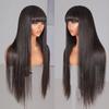Womens Long Straight Black Lace Wig With Bangs Synthetic High-Temperature Fiber Cap Buttons Face Shaping