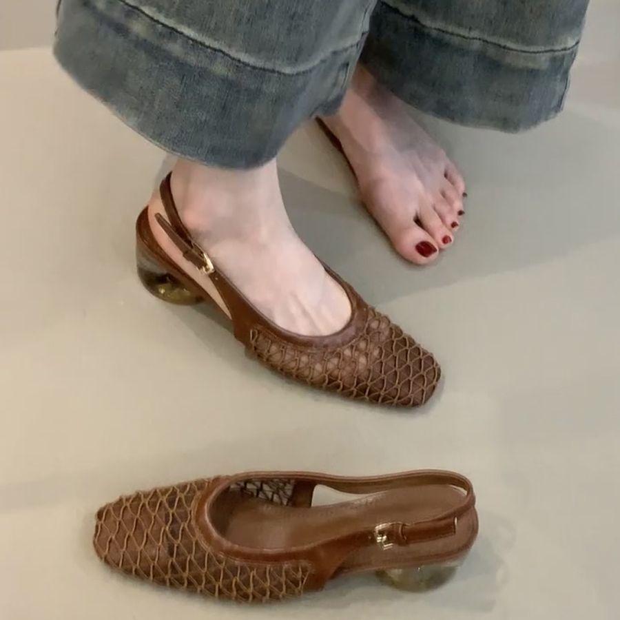 2025 New French Temperament Woven Bag Head Sandals Women's Rear Strap Thick Heel Small Fragrant Square Head Mary Jane Single Shoes