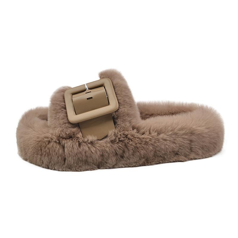 Mao Mao slippers women's wear 2025 autumn and winter new Korean version of one-word slippers fashion belt buckle plush cotton slippers