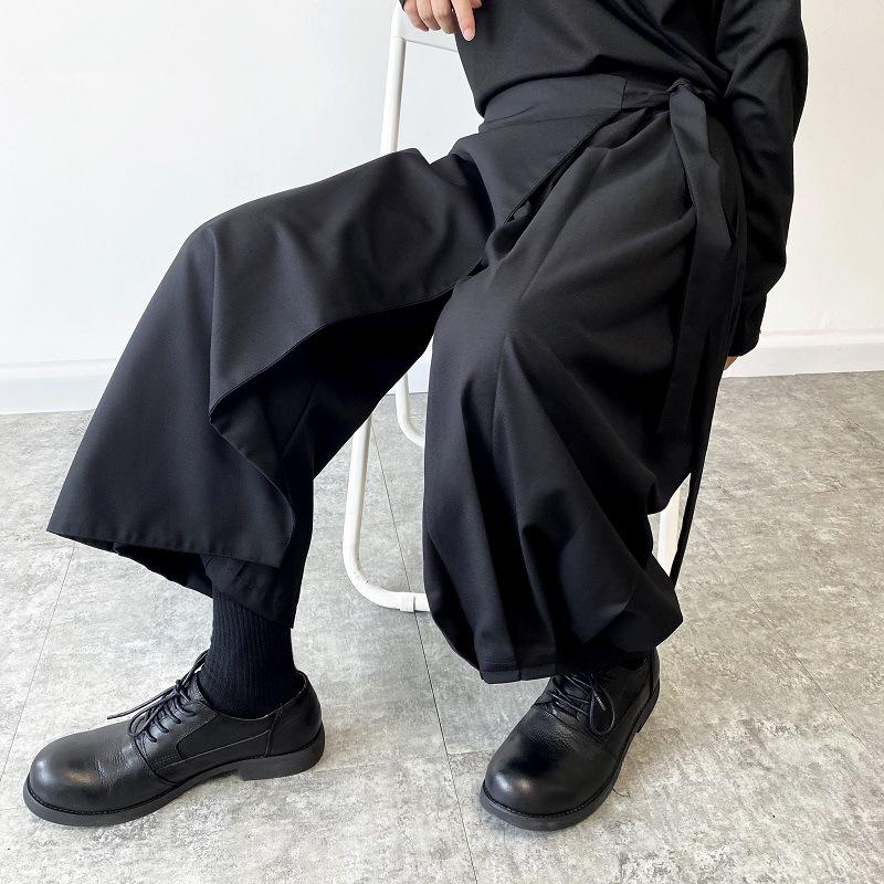 Yamamoto-Style Dark Drape Cropped Pleated Pants Skirt with Straps for Men & Women
