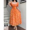2026 European and American Women's Clothing, Standing French Square Neck Bubble Sleeve One-word Shoulder Floral Dress
