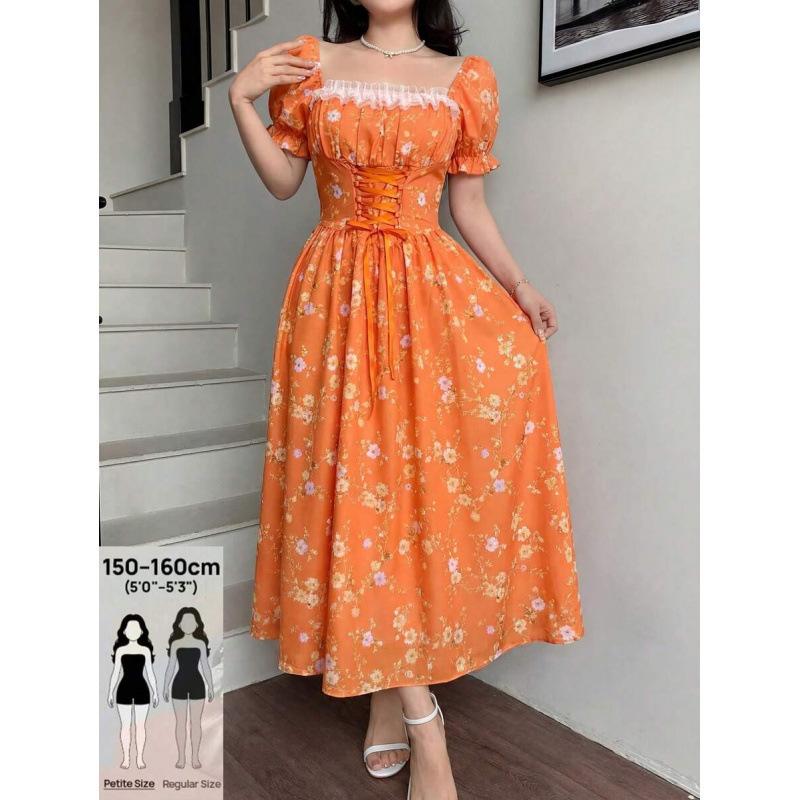 2026 European and American Women's Clothing, Standing French Square Neck Bubble Sleeve One-word Shoulder Floral Dress
