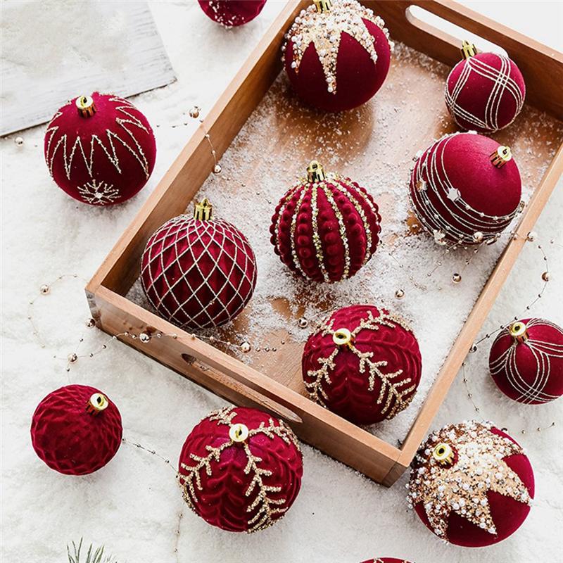 M-Modern-Christmas Balls Ornaments Wine Red Flocking Christmas Tree Decoration New Year Christmas Spheres