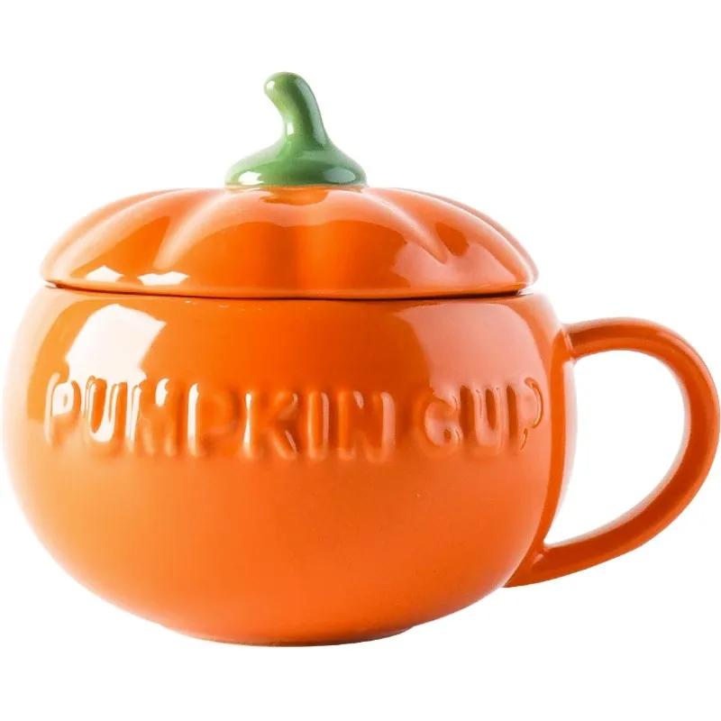300/450ML Halloween Pumpkin Shaped Ceramic Cup With Spoon Kawaii Soup Mug With Lid Oatmeal Cup Creative Water Cup