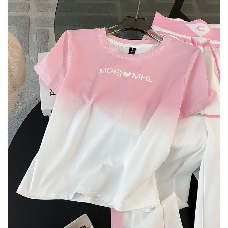 

Весна-лето, градиент, короткий рукав + широкие брюки с высокой талией, повседневный комплект из двух предметов XS розовый