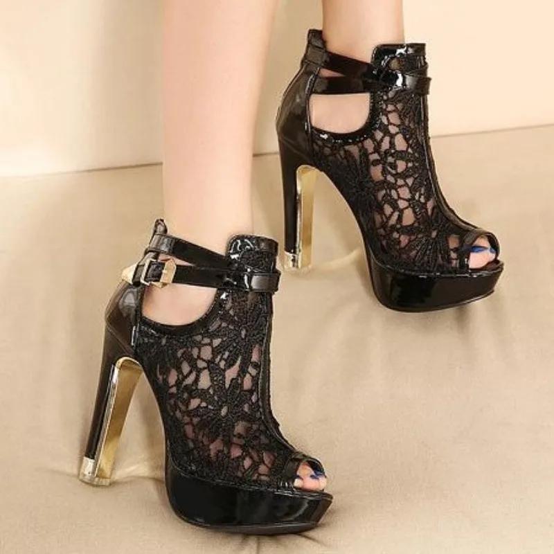 Sexy Mesh Fabric Platform High Heels Boots Sandals Women Peep Toe Nightclub Party Stiletto Female Shoes