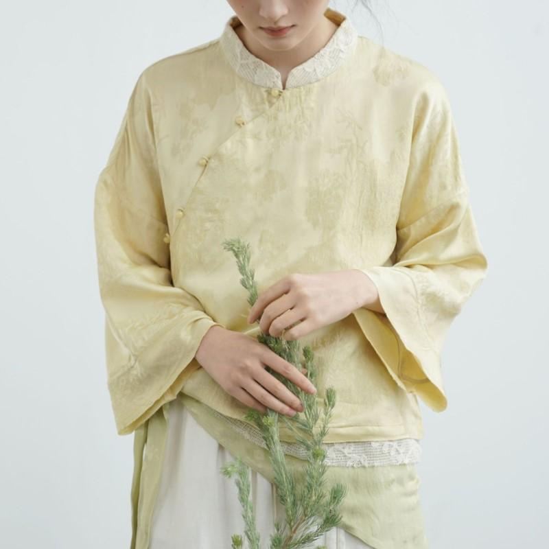 

Johnature Women Vintage Jacquard Shirts Stand Seven Sleeve Blouses Spring Button Chinese Style Soft High Quality Shirts One Size