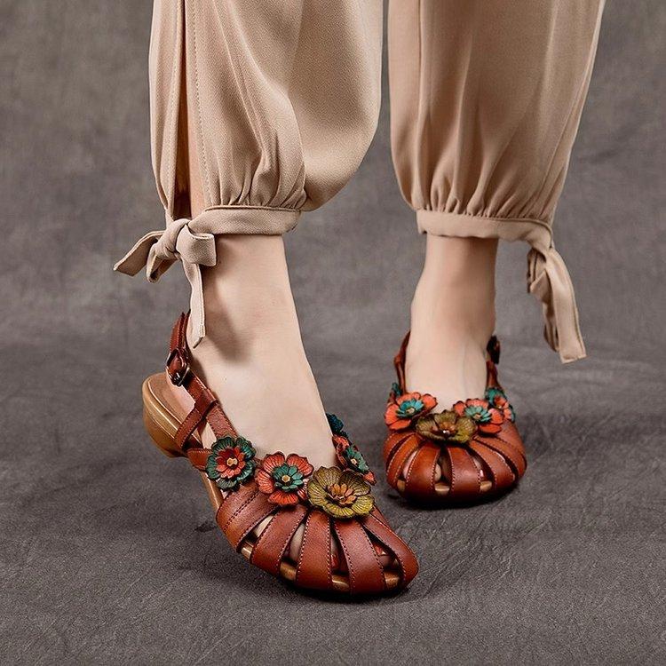 2025 summer new leather sandals women's low-heeled baotou flowers ethnic style comfortable versatile sandals casual wear