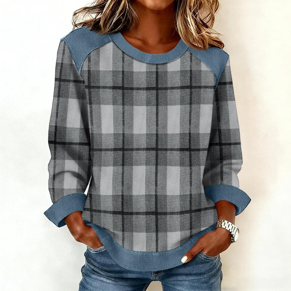 Damen Jeanskragen Patchwork Nähte Sweatshirt Lässig Pullover Langarmshirts
