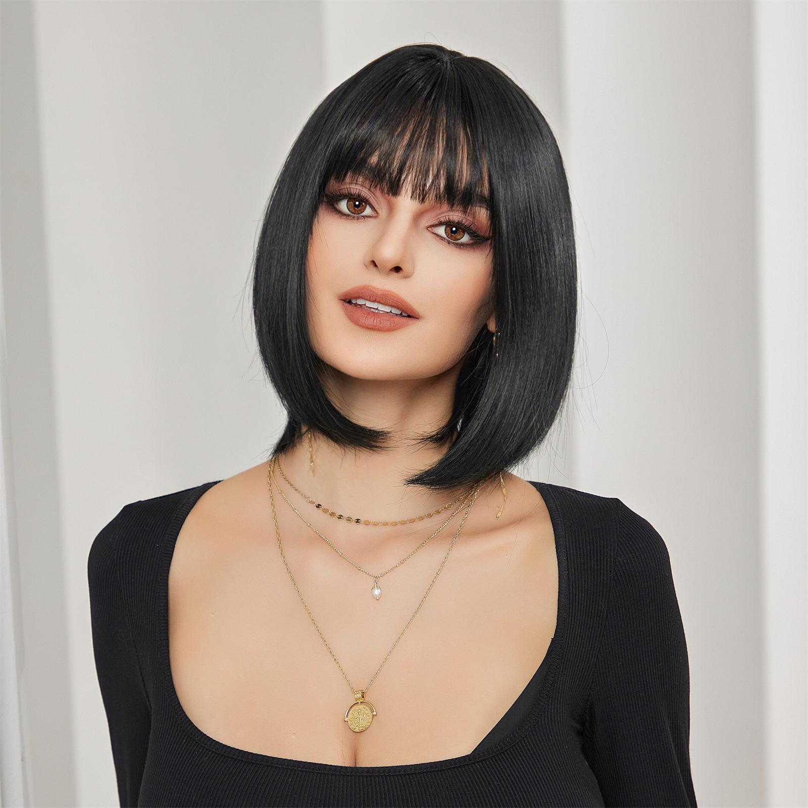 

Короткий прямой парик в европейском и американском стиле для женщин, модный парик с кружевом спереди, термостойкий парик бобо с воздушной челкой чёрный