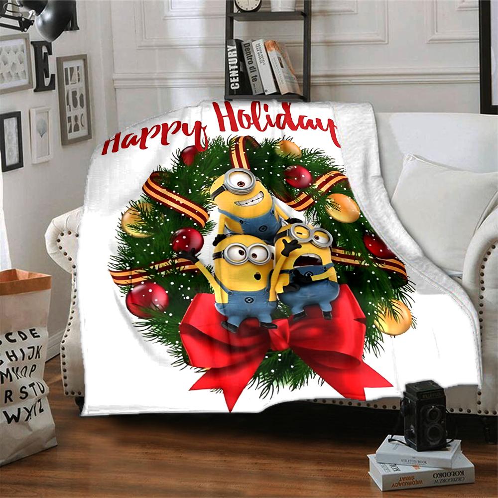 1Pc Happy Minions Holiday Wreath Blanket Soft Throw Blanket For Home Bedroom Bed Sofa Travel Office Solid Christmas Blanket