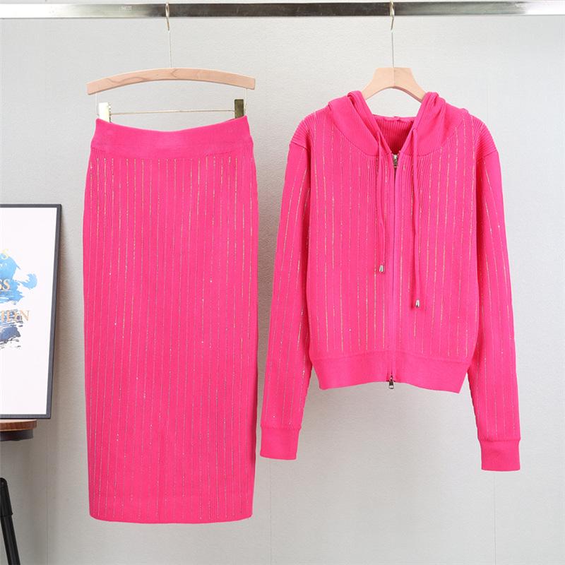 Elegant Korean Rhinestone Knit Cardigan & Skirt Set - Women's Spring/Autumn Two-Piece