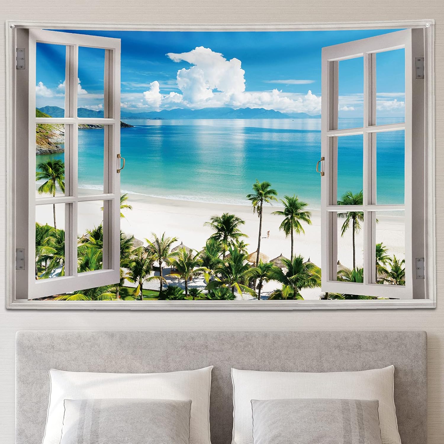 VIKAMA Ocean Beach Coconut Tree Wall Hanging Tropical IslandStyle Window Scenery Hanging NaturalStyle Decorative Wall Hanging 74x94cm(29x37in)