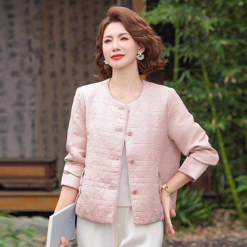 

Diamond Quilted Casual Spring Jacket for Middle-Aged Women - Round Neck 5XL (150-165 Jin) розовый