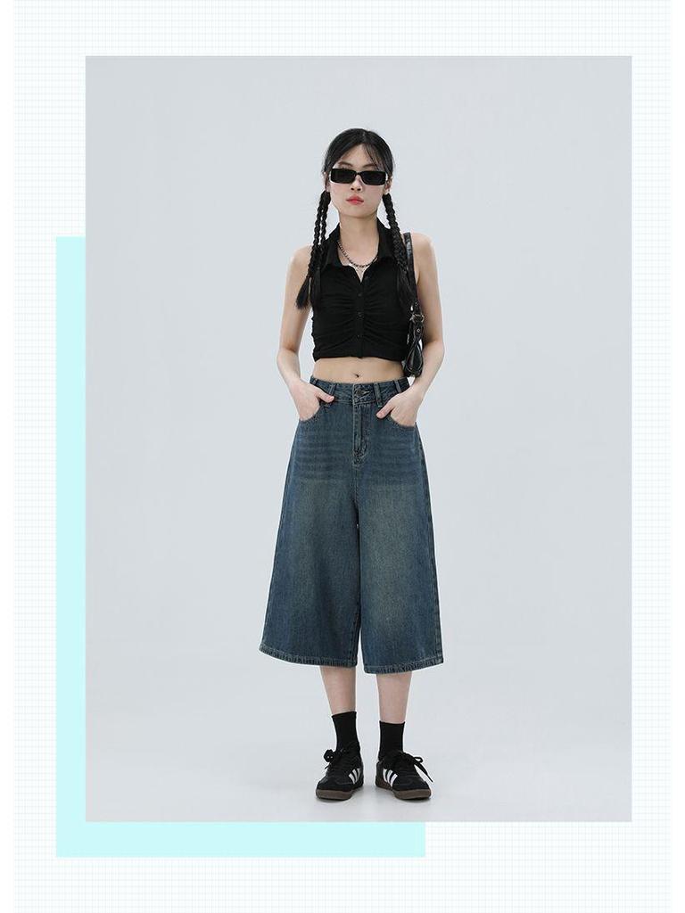 2025 Spring/Summer Women's High-Waisted Wide-Leg 7/8 Jeans - Slimming Straight-Leg, Versatile American Style