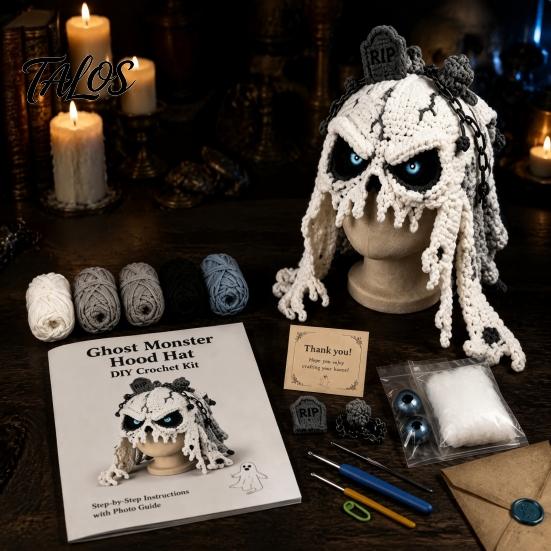 DIY Animal Hood Hat Halloween Crochet Kit, Skull Spider Bat Holiday Craft Project Spooky Pumpkin Earflap Kit for Adults Teens, Autumn Winter Creative