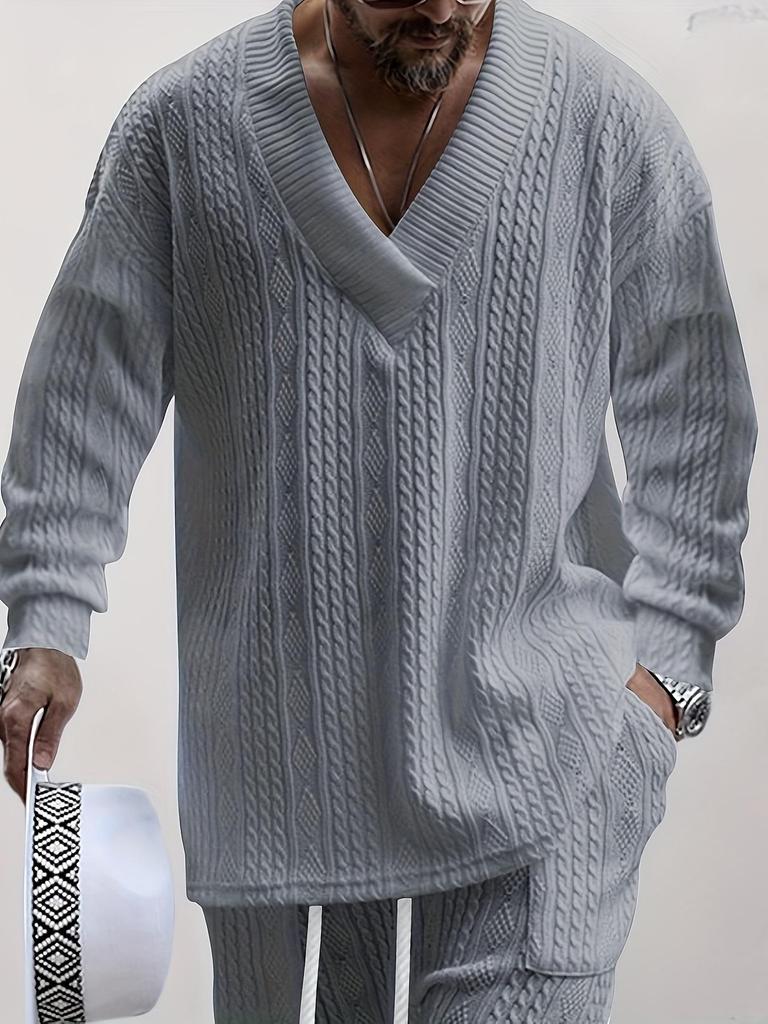 Men's Knitted , Casual V Neck Shawl Collar Long Sleeve Sweatshirt  For Winter Fall, Men's Clothing