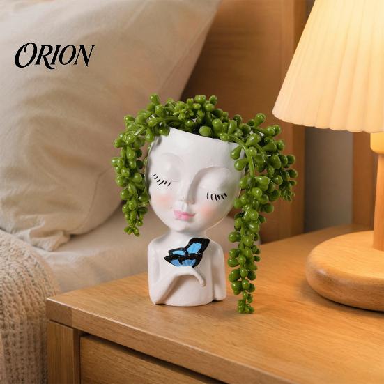 Makeup Brush Holder Creative Resin Girl Portrait Flowerpot for Green Plants Succulents, Holder, Multifunctional Head Vase Vase, Decorative Desktop
