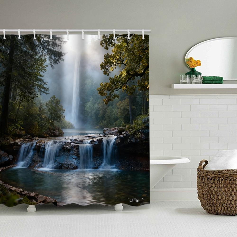 1/4 Forest Waterfalls  Print Shower Curtains, Toilet Seat Decoration, Shower Curtain with Carpet and Toilet Lid, 70.8x70.8 Inch