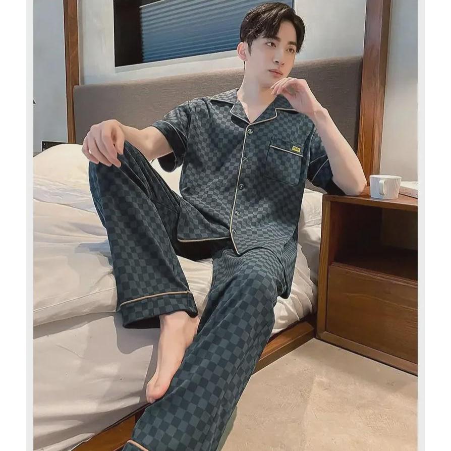 Set de pijama pentru bărbați din bumbac 100% cu carouri, cu mânecă scurtă și cardigan