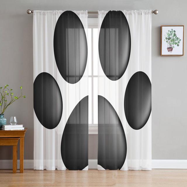 Cartoon Pet Paw Footprint Tulle Curtains For Living Room Bedroom Decoration Chiffon Sheer Voile Kitchen Window Curtain Drapes