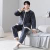 Pajamas Men'S Winter Coral Fleece Three-Layer Padded Cotton Thickened Fleece Homewear Warm Padded Jacket Flannel Stand-Up Collar Set