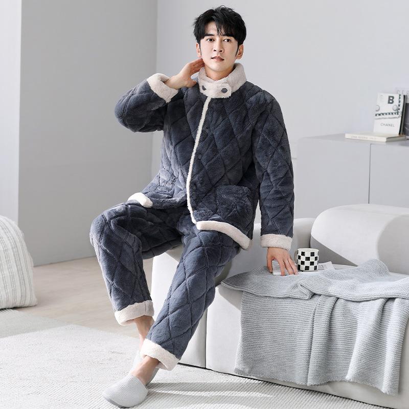 Pajamas Men'S Winter Coral Fleece Three-Layer Padded Cotton Thickened Fleece Homewear Warm Padded Jacket Flannel Stand-Up Collar Set