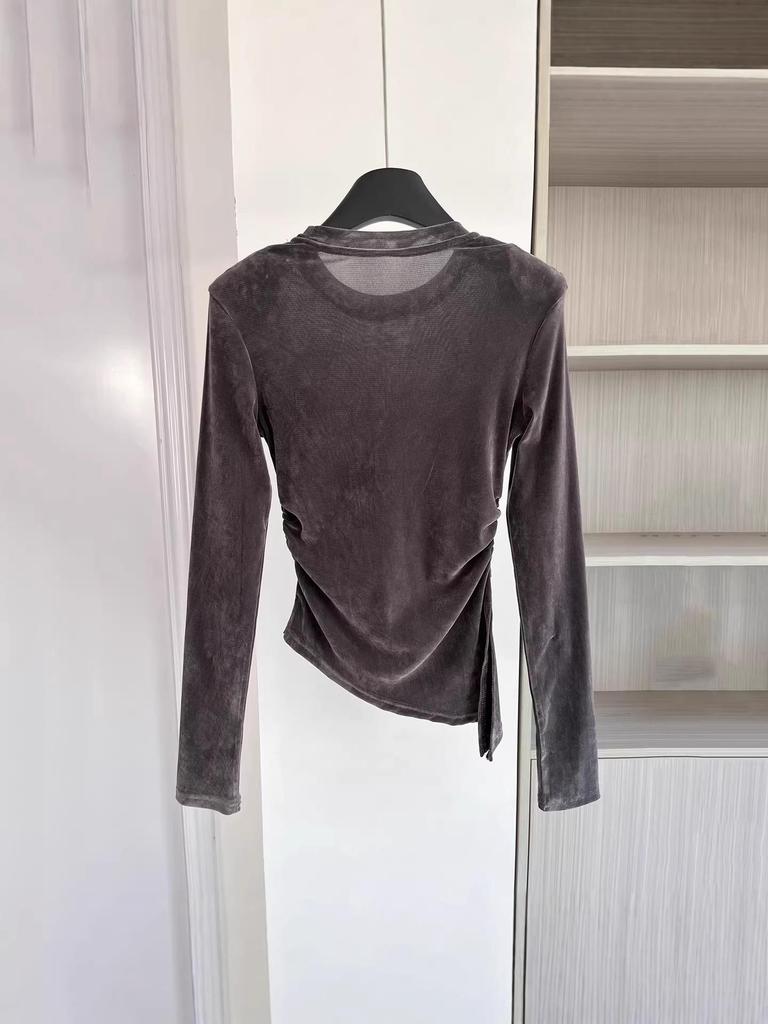 Damen Luxe Samt Langarm-T-Shirt – 2026 Rundhals Schmale Passform für den frühen Frühling/Herbst