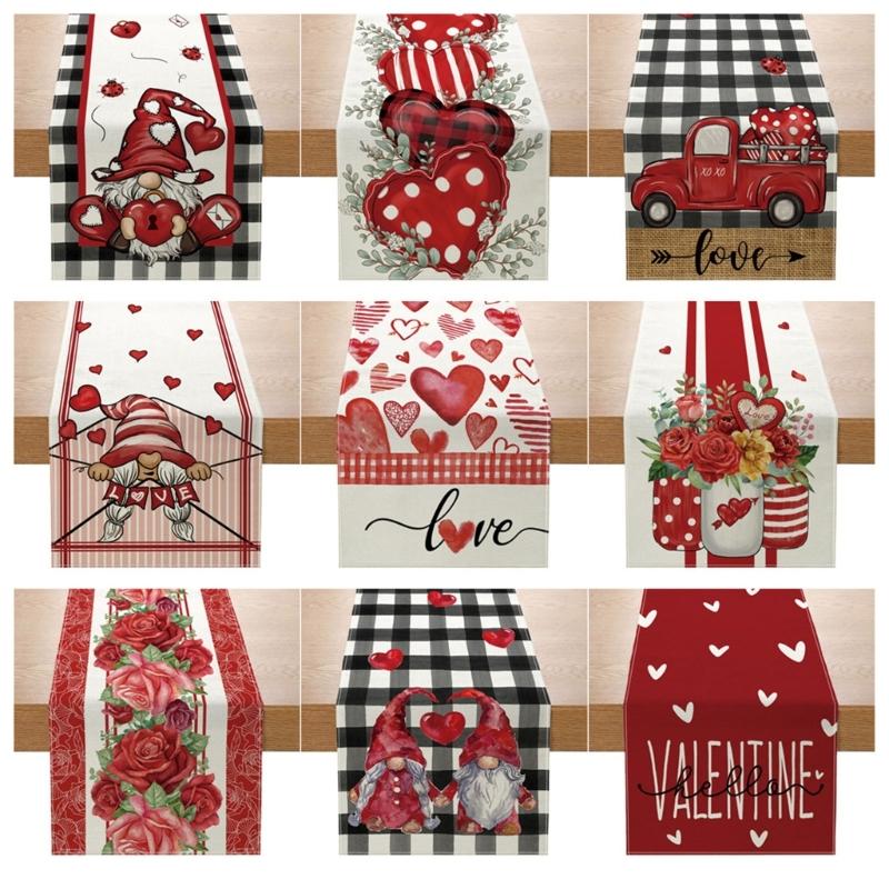 Valentines Day Linen Table Runner Wedding Decoration Heart Gnome Couple Table Runner Tablecloth for Dining Table Decor