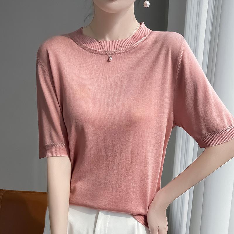 

Женская весенне-летняя трикотажная футболка с круглым вырезом, коротким рукавом, однотонная XL