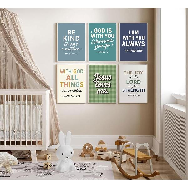 6Pcs Christian Themed Wall Art Boys Room Pictures Wall Decor Kids Bible Verse Posters Prints Artwork for Living Room Bedroom Nursery Home Decoration