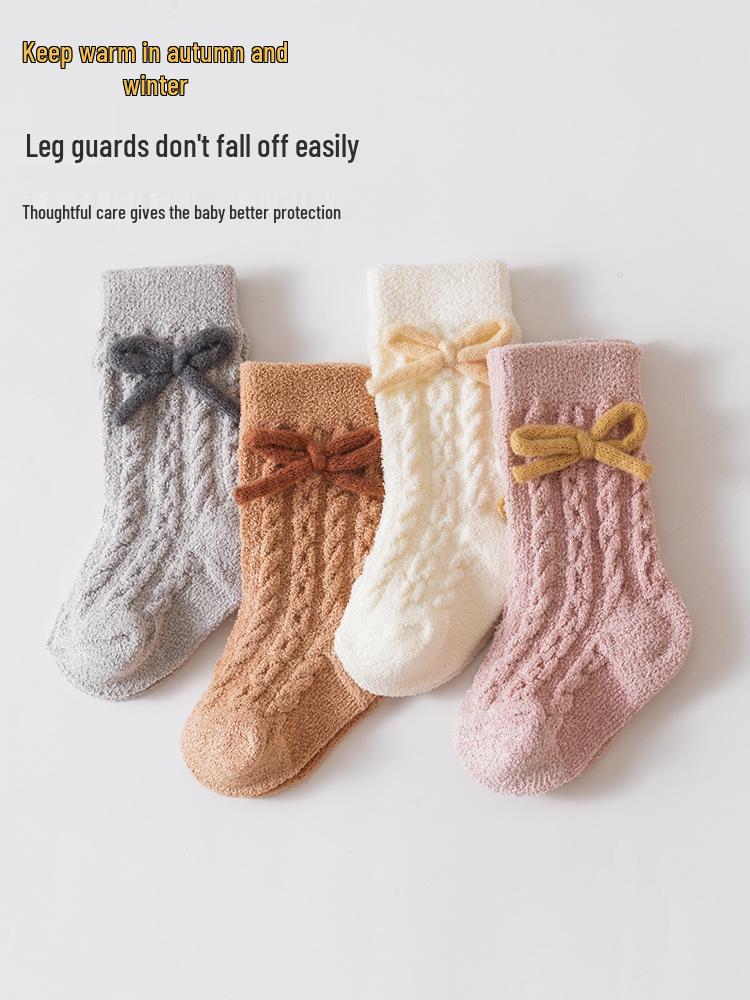 Xiyu Jia Autumn/Winter Baby Mid-Calf Bowknot Knit Socks - Warm, Thick, Cable Knit for Infants and Toddlers