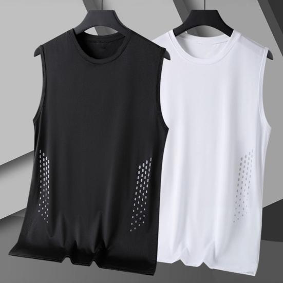 Men Vest Round Neck Sleeveless Breathable Holes Tank Tops Color Block Quick Drying Summer Ice Silk Camisole Fitness Training Activewear
