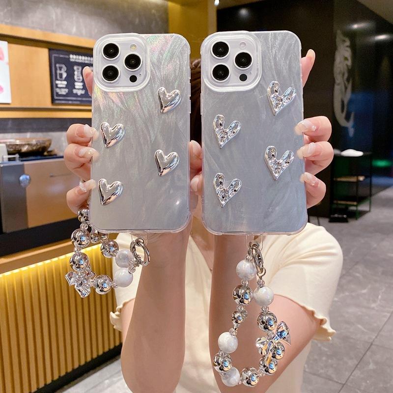 Three-dimensional pleated love is suitable for Samsung A55 mobile phone case, large hole IMD feather yarn S24Ultra premium silver bracelet.