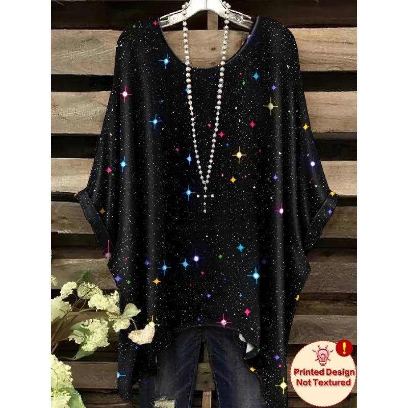 

Elegant bohemian resort style large size simple starry night and galaxy pattern printed round neck T-shirt 5XL