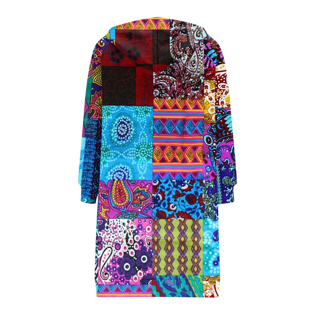 Women's Fashionable Printed  Long Sleeved Drawstring Hooded Zipper Pocket Long Casual Sweatshirt Jacket