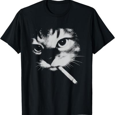 Funny Smoking Black Cat Face Meme Men Women T-Shirt(1)