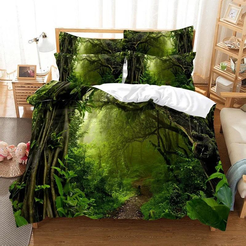 Modernes Bettwäscheset mit digitaler Waldlandschaft und 3D-Modedesign, Daunenbettbezug und Kissenbezug, 2–3-teilig, Heimtextilien