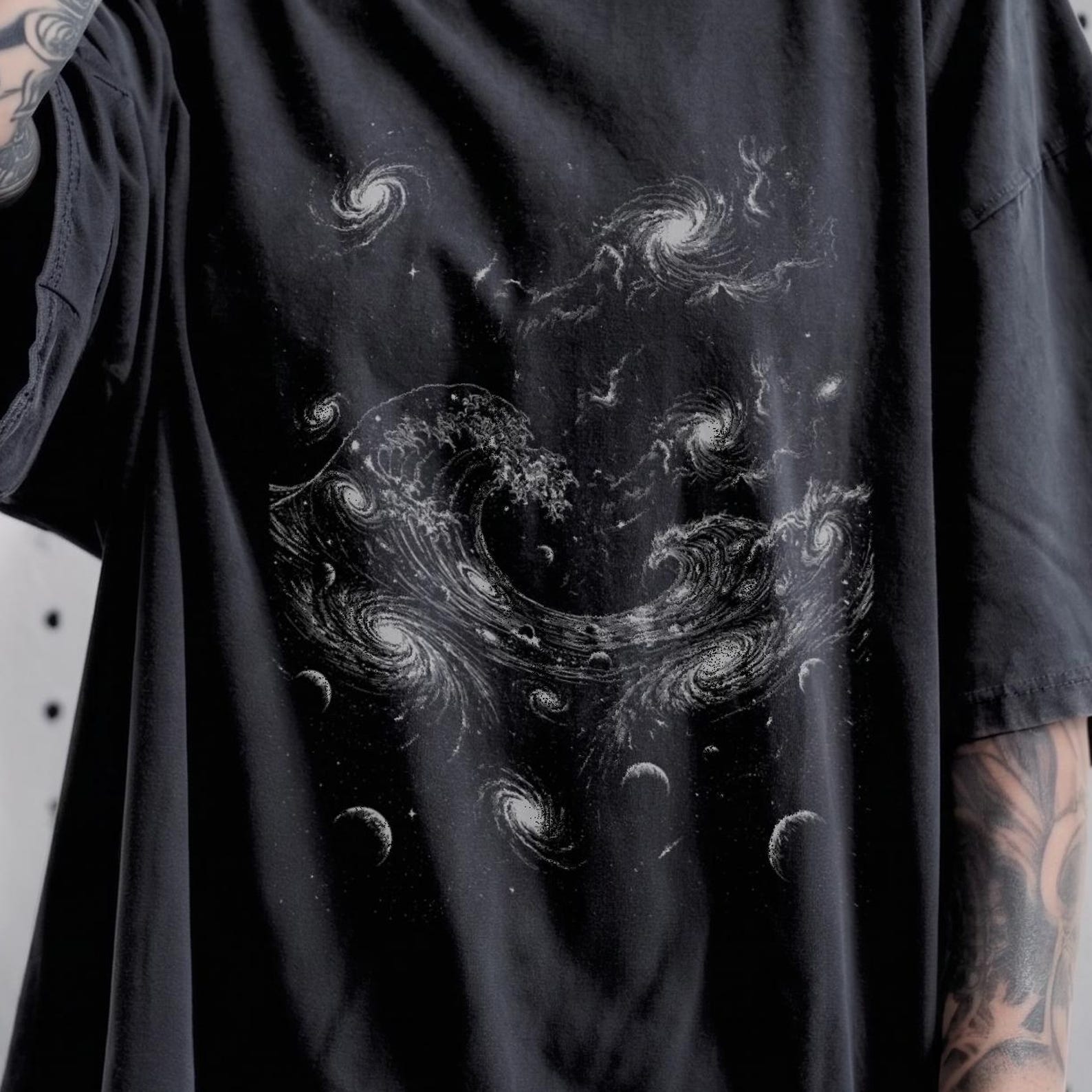 Great Wave Galaxy Shirt, Celestial Japanese Art, Surreal Cosmic Top M