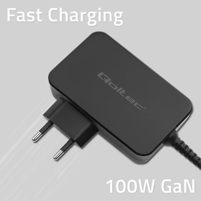 Qoltec Încărcător GaN POWER PRO | 1xUSB-C | 100W | 5-20V | 3-5A | Laptop | Smartphone | Neagră