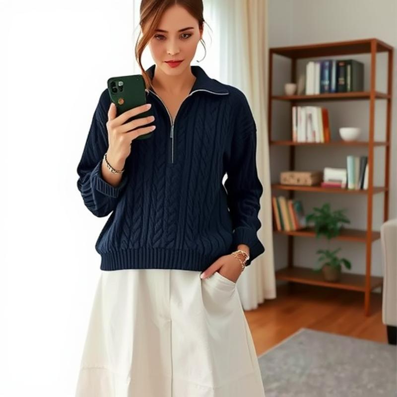 Women's High Neck Zipper Wool Pullover Sweater - Autumn Winter Loose Fit Base Layer