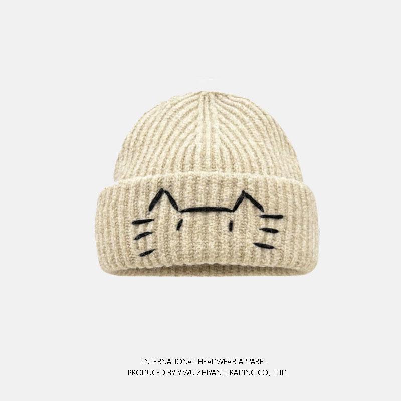 Cute kitten wool hat female autumn and winter face small warm cold hat big head circumference cold ear protection knitted hat