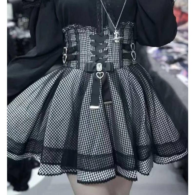 Japanese Sweet Lolita Style Mini Skirt Women Elegant Lace Bandage Party Cake Skirts Female Gothic Y2k Metal Buckle Skirt