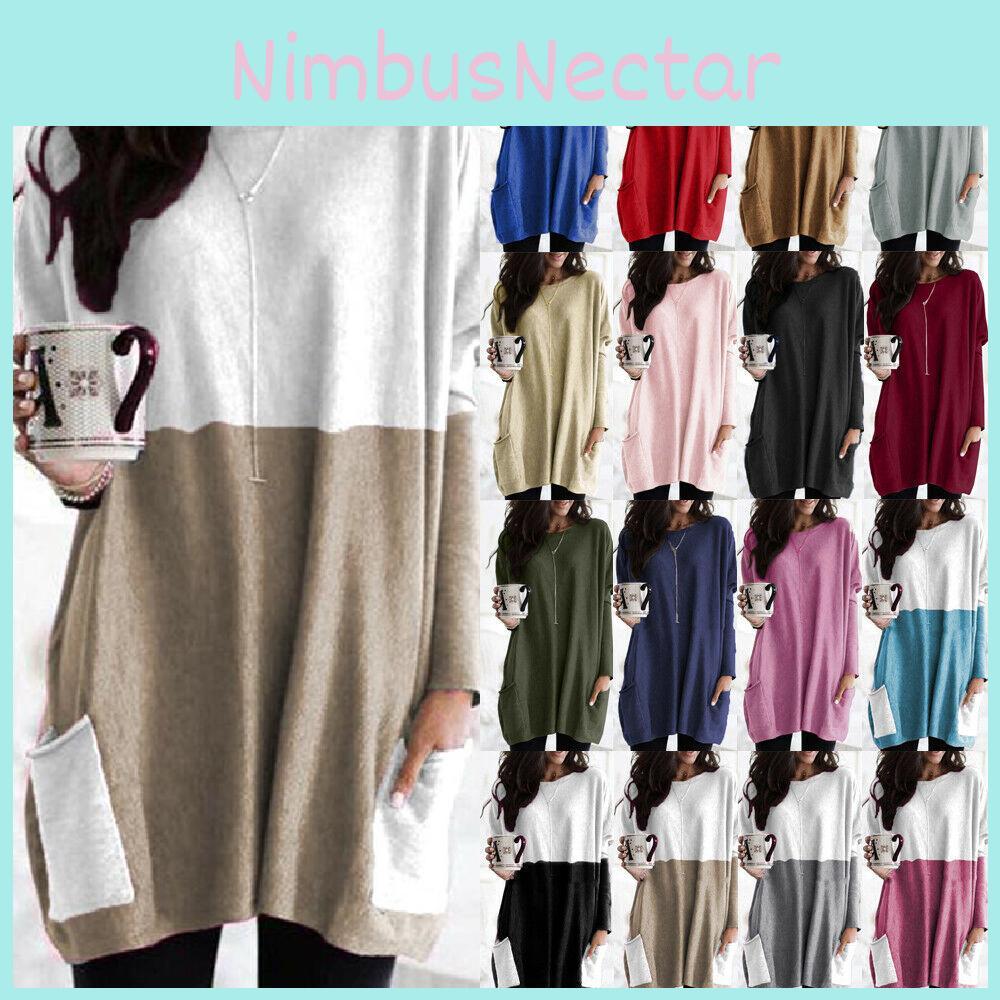 Elegancki Damski Sweter Mini Sukienka Bluzka W Żywych Kolorach Z Dwiema Kieszeniami