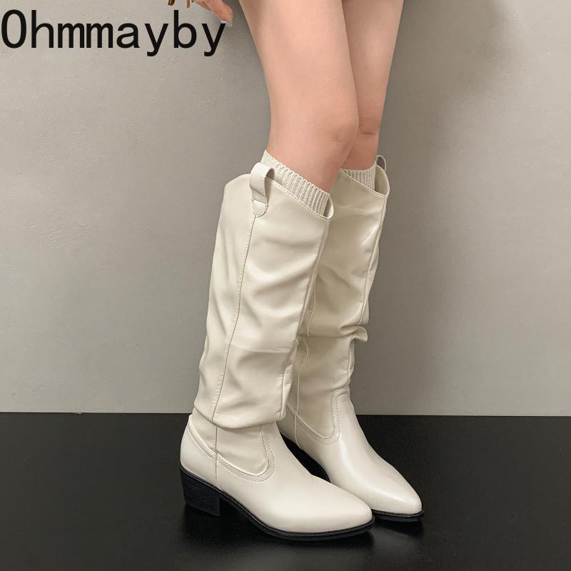 Winter Kuschelig Weiches Leder Plissierte Damen Kniehohe Stiefel Mode Dicke Absätze Partyschuhe Britischer Stil Ritter Lange Stiefeletten Schuhe