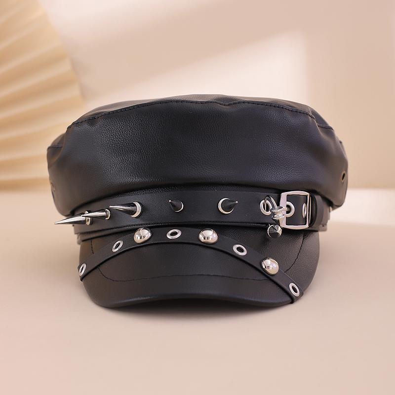 Black PU leather rivet belt buckle trendy Y2K flat-top newsboy cap for daily shopping and gatherings