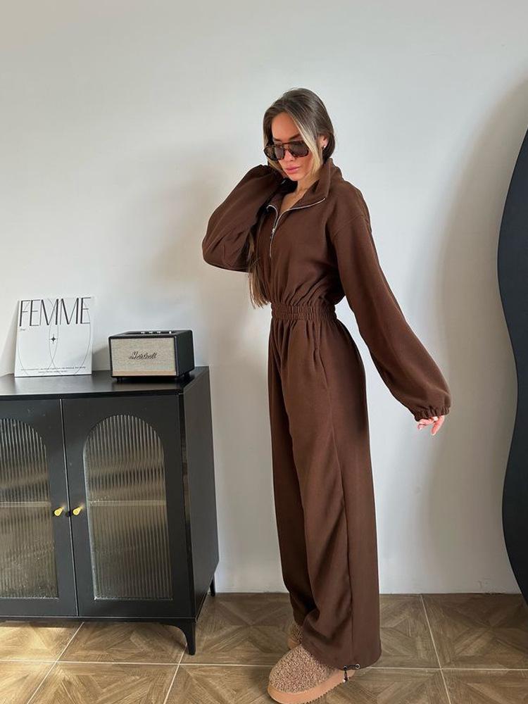 European & American Women's Spring/Autumn Long Sleeve Jumpsuit - Casual Half Open Neck, Elastic Waist Set