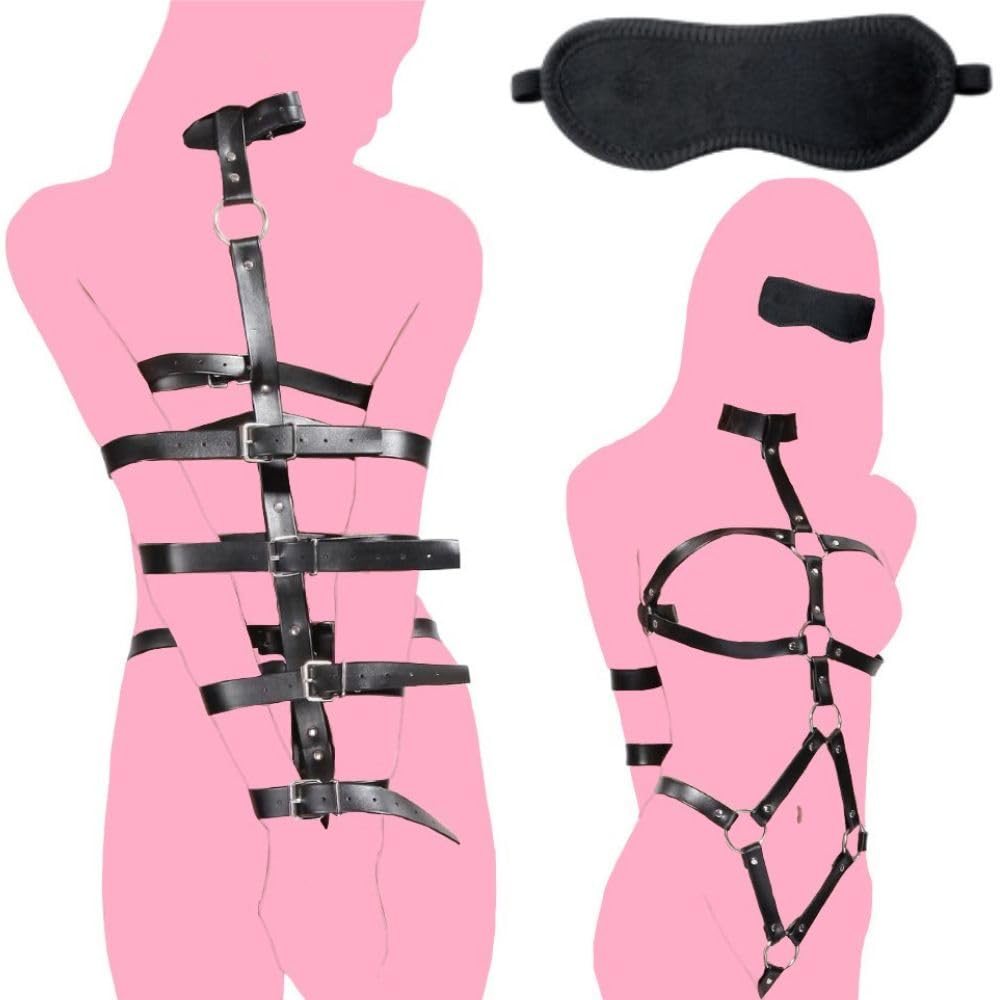 MONEON Bondage Restraints BDSM Cosplay Training Eye Mask Faux Leather Extreme Costume Play Harness, Goods, Supplies, Included, 3-Piece Set, Handcuffs,